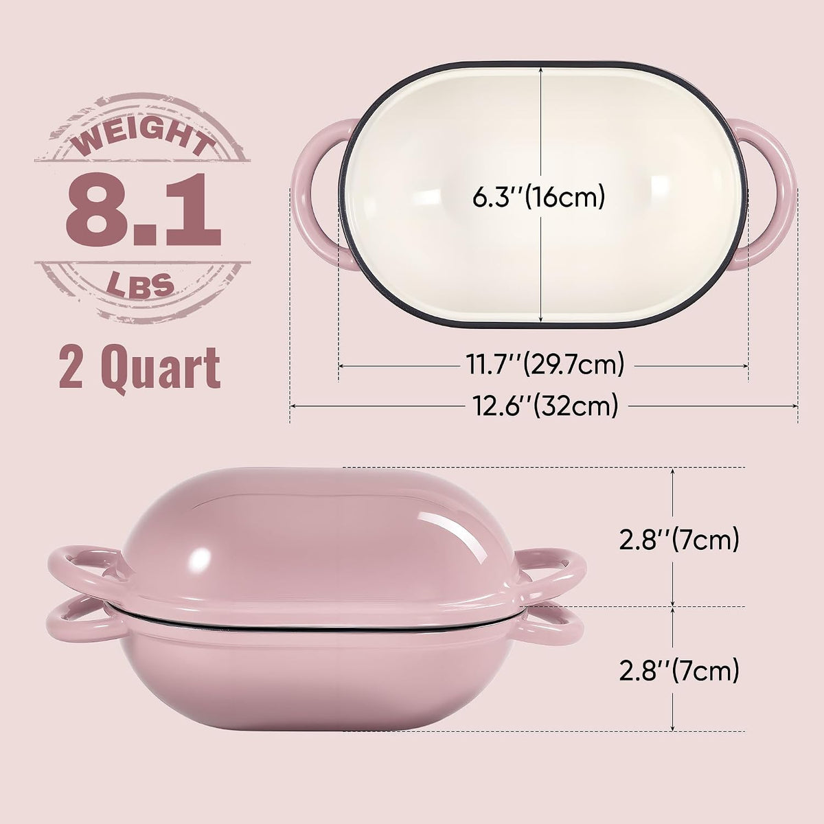 2 QT Oval Dutch Oven for Bread Baking,Enamelled Cast Iron Bread Oven for Sourdough, Sourdough Loaf Pan with Lid, Heavy-Duty Non Stick Bread Pan for Homemade Bread Baking, Pink