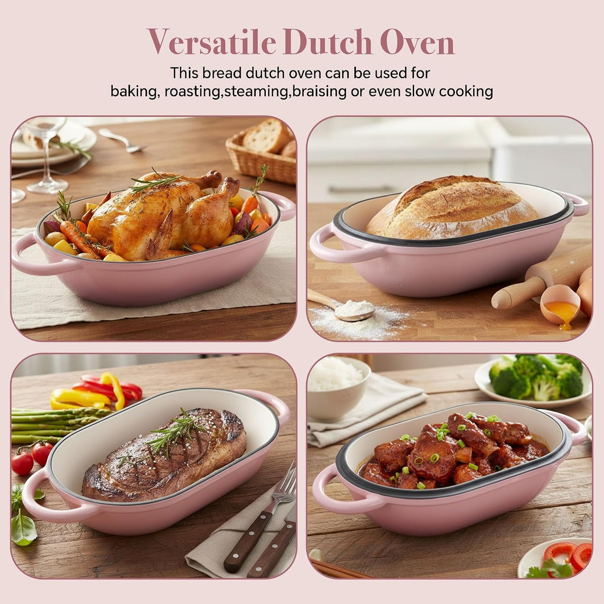 2 QT Oval Dutch Oven for Bread Baking,Enamelled Cast Iron Bread Oven for Sourdough, Sourdough Loaf Pan with Lid, Heavy-Duty Non Stick Bread Pan for Homemade Bread Baking, Pink