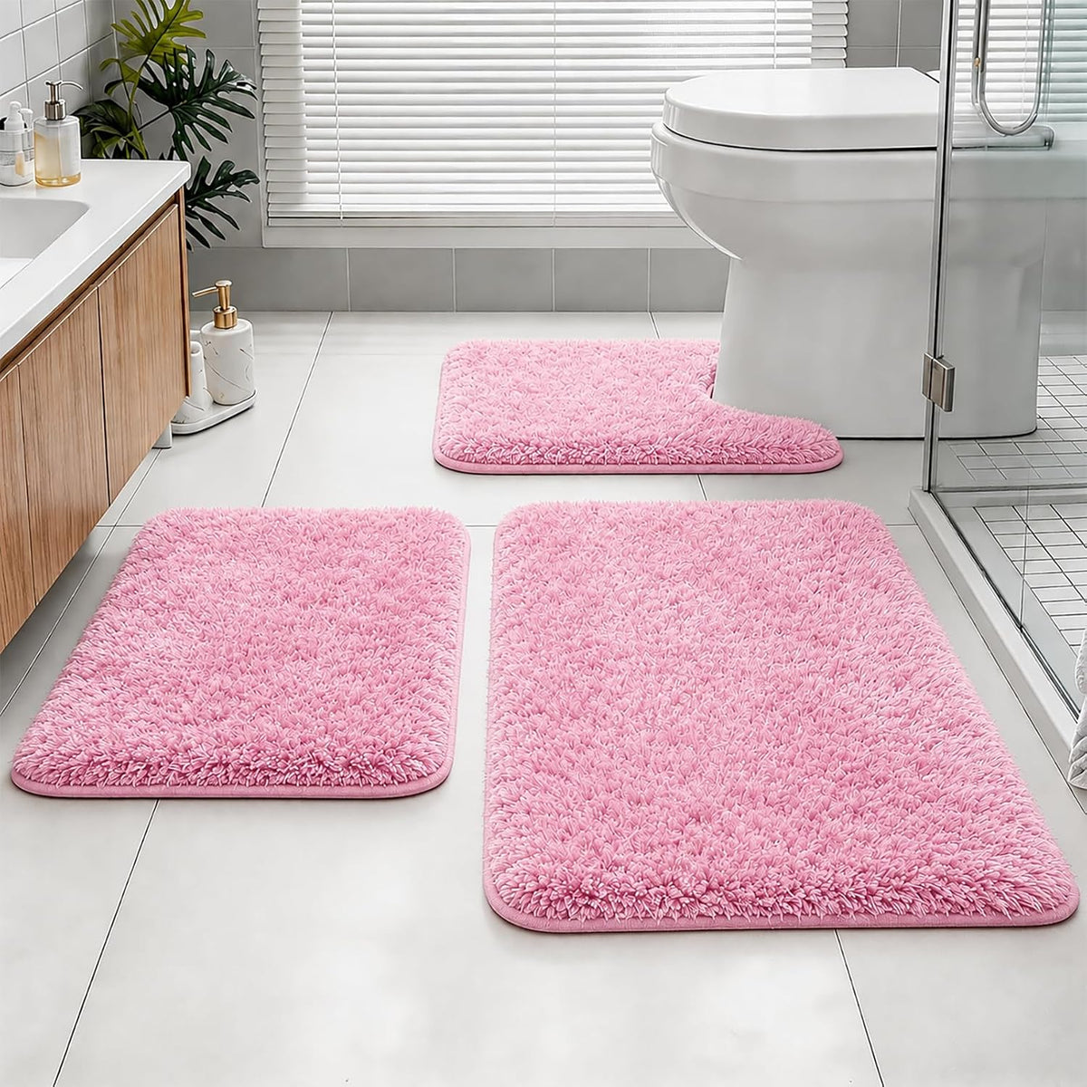 Shaggy Bathroom Rugs Set Plush Velvet Bath Rugs Non-Slip Bath Mat Set 3 Piece,Washable Mats,Absorbent Shaggy Rugs Super Soft U-Shaped Toilet Rug,Bahroom Carpets for Bathroom,Tub,Shower(Light Pink