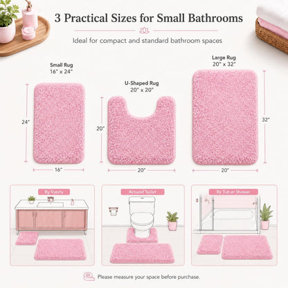 Shaggy Bathroom Rugs Set Plush Velvet Bath Rugs Non-Slip Bath Mat Set 3 Piece,Washable Mats,Absorbent Shaggy Rugs Super Soft U-Shaped Toilet Rug,Bahroom Carpets for Bathroom,Tub,Shower(Light Pink