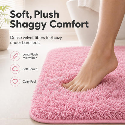 Shaggy Bathroom Rugs Set Plush Velvet Bath Rugs Non-Slip Bath Mat Set 3 Piece,Washable Mats,Absorbent Shaggy Rugs Super Soft U-Shaped Toilet Rug,Bahroom Carpets for Bathroom,Tub,Shower(Light Pink
