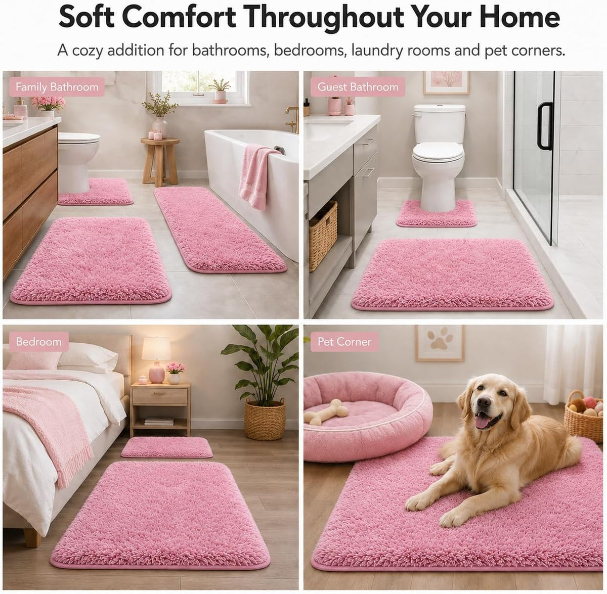 Shaggy Bathroom Rugs Set Plush Velvet Bath Rugs Non-Slip Bath Mat Set 3 Piece,Washable Mats,Absorbent Shaggy Rugs Super Soft U-Shaped Toilet Rug,Bahroom Carpets for Bathroom,Tub,Shower(Light Pink