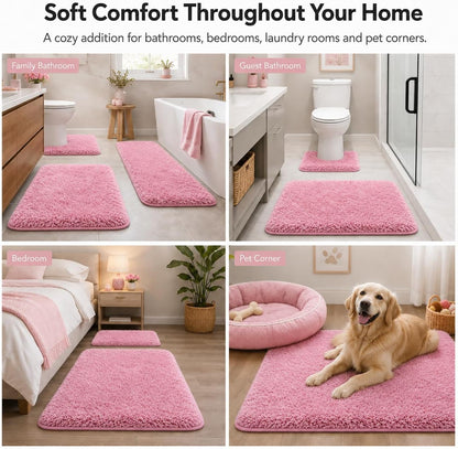 Shaggy Bathroom Rugs Set Plush Velvet Bath Rugs Non-Slip Bath Mat Set 3 Piece,Washable Mats,Absorbent Shaggy Rugs Super Soft U-Shaped Toilet Rug,Bahroom Carpets for Bathroom,Tub,Shower(Light Pink