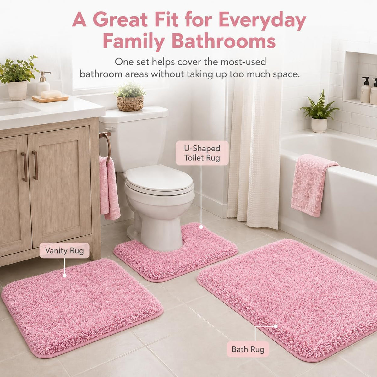 Shaggy Bathroom Rugs Set Plush Velvet Bath Rugs Non-Slip Bath Mat Set 3 Piece,Washable Mats,Absorbent Shaggy Rugs Super Soft U-Shaped Toilet Rug,Bahroom Carpets for Bathroom,Tub,Shower(Light Pink