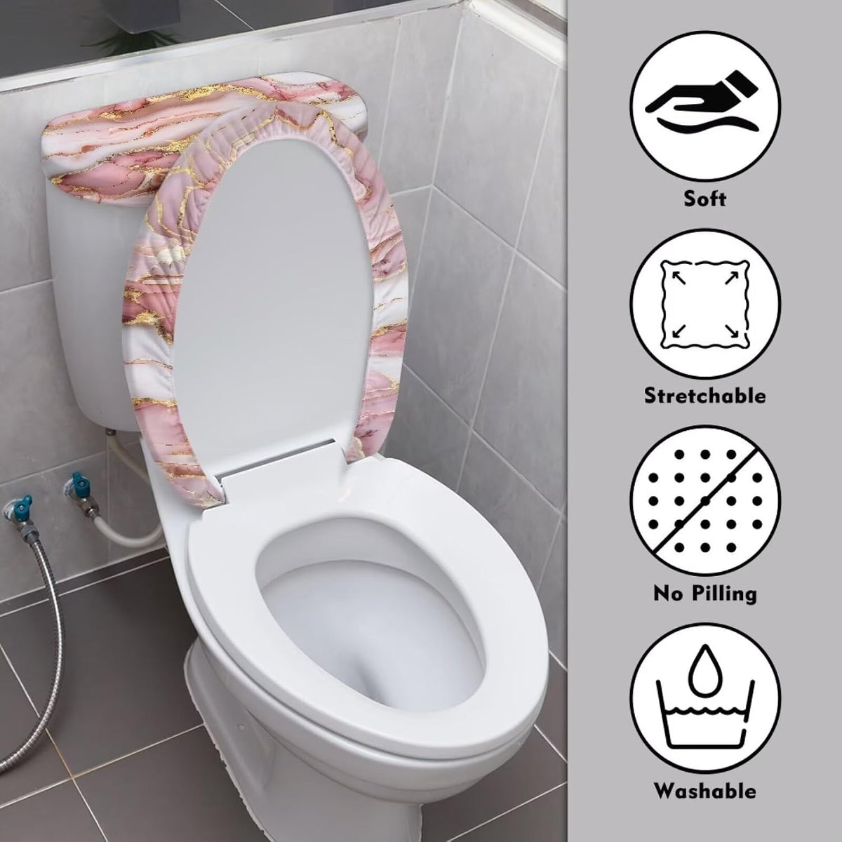 Pink Marble Design Toilet Lid Cover for Bathroom, Soft Toilet Lid Cushion Pads, Fits Most Round Elongated Toilet Lids