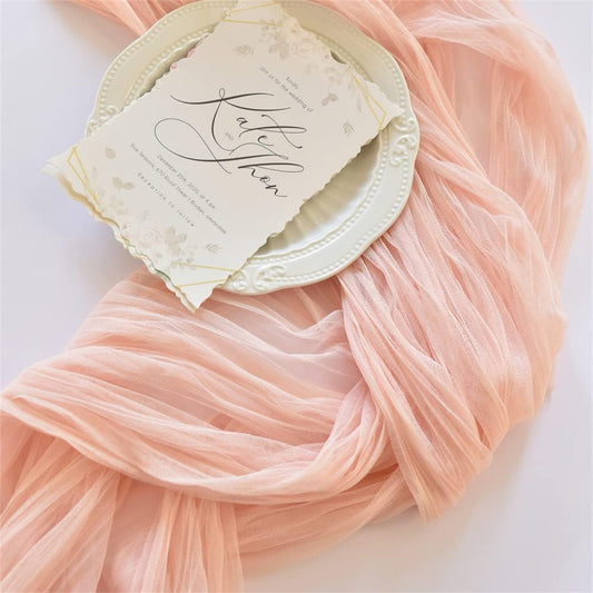Joanlody Peach Cheesecloth Table Runner Spring Summer 10Ft Rustic Gauze Boho Cheese Cloth Table Runner for Wedding Bridal Baby Shower Decoration