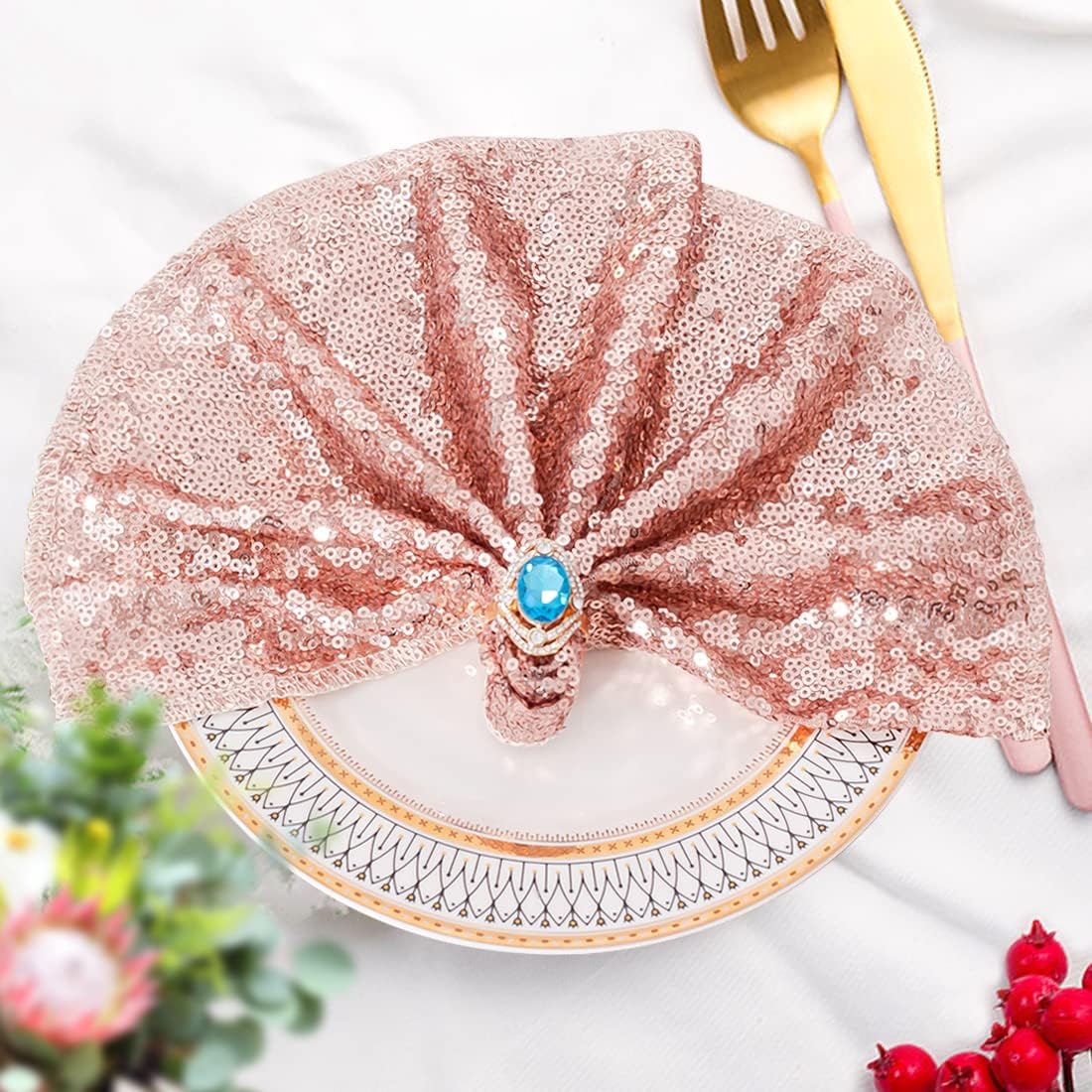 SquarePie Sequin Napkin Glitter Decoration for Wedding Party Dinner 12 x 12 Inch 12 Pcs Rose Gold