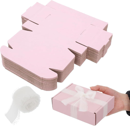30 Pack Pink Shipping Boxes – 5.7"x3.7"x1.5" Corrugated Cardboard Mailer Boxes with Chiffon Ribbon, No-Tape Assembly Gift Boxes for Small Business, Handmade Crafts & Holiday Packaging