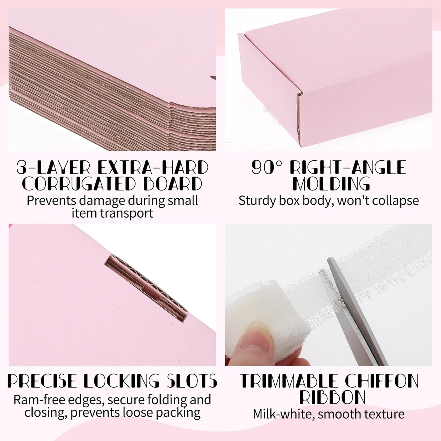 30 Pack Pink Shipping Boxes – 5.7"x3.7"x1.5" Corrugated Cardboard Mailer Boxes with Chiffon Ribbon, No-Tape Assembly Gift Boxes for Small Business, Handmade Crafts & Holiday Packaging