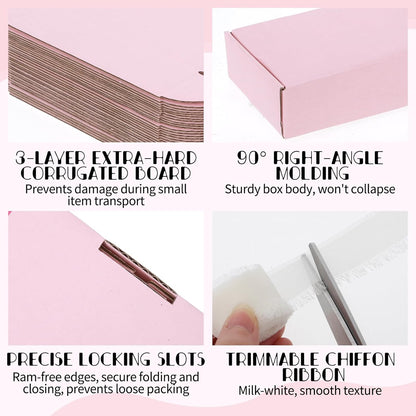 30 Pack Pink Shipping Boxes – 5.7"x3.7"x1.5" Corrugated Cardboard Mailer Boxes with Chiffon Ribbon, No-Tape Assembly Gift Boxes for Small Business, Handmade Crafts & Holiday Packaging