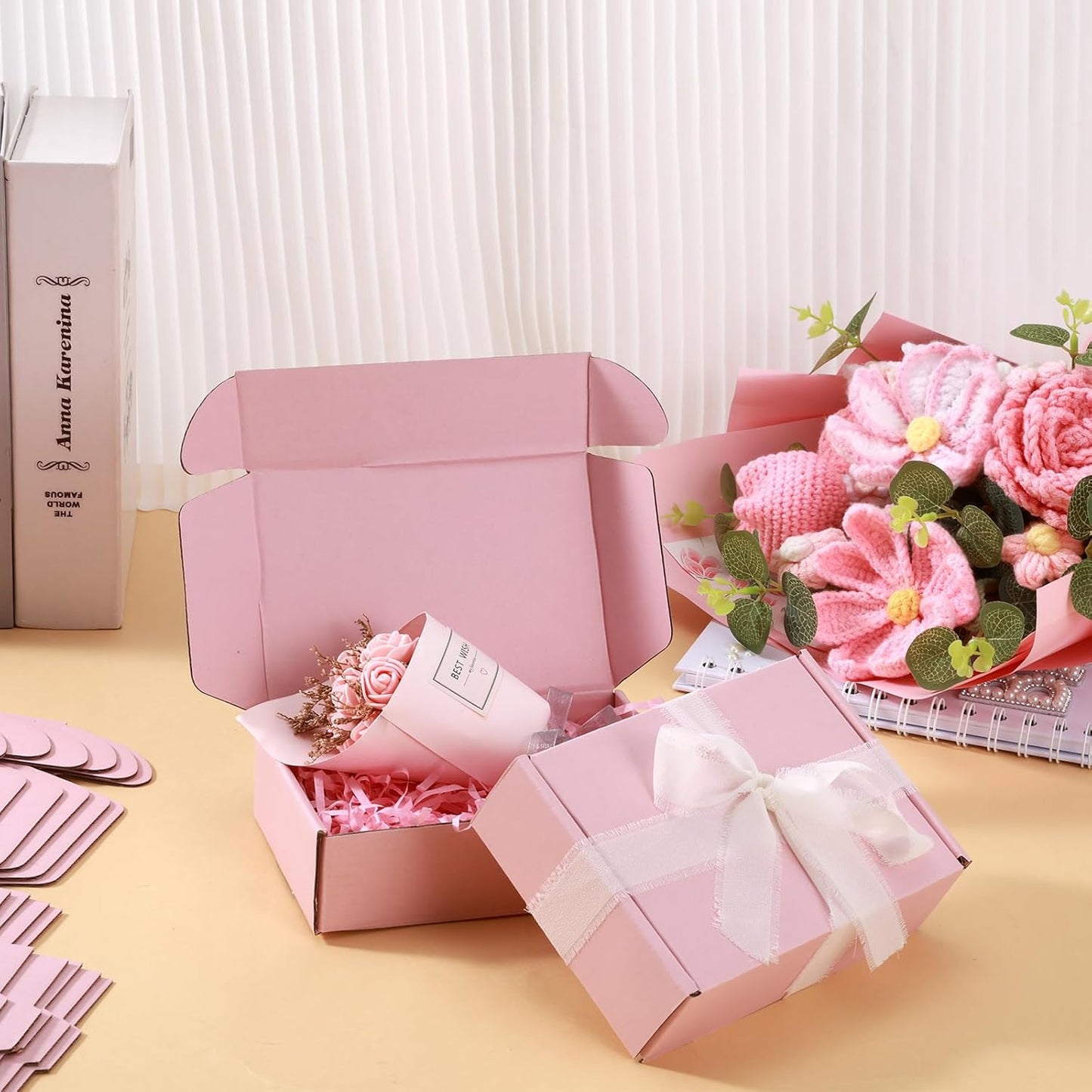 30 Pack Pink Shipping Boxes – 5.7"x3.7"x1.5" Corrugated Cardboard Mailer Boxes with Chiffon Ribbon, No-Tape Assembly Gift Boxes for Small Business, Handmade Crafts & Holiday Packaging