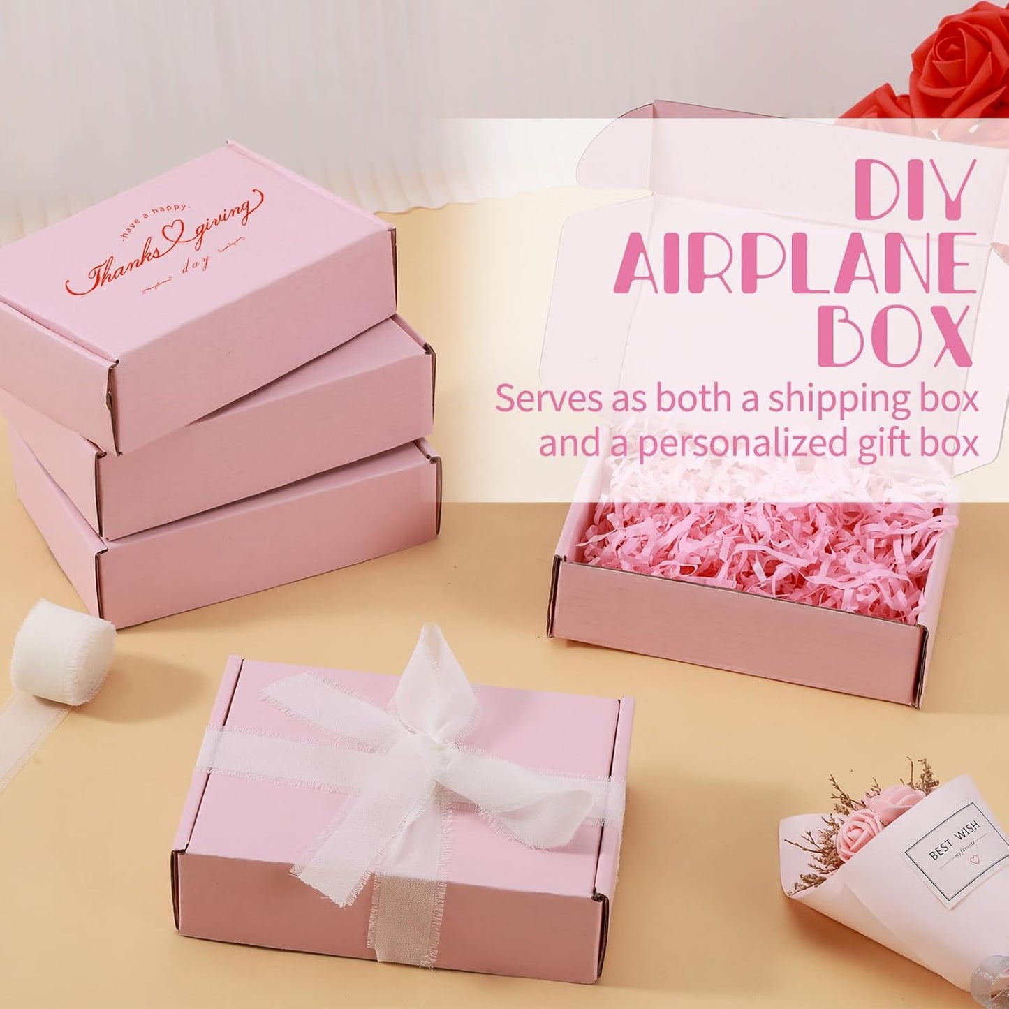30 Pack Pink Shipping Boxes – 5.7"x3.7"x1.5" Corrugated Cardboard Mailer Boxes with Chiffon Ribbon, No-Tape Assembly Gift Boxes for Small Business, Handmade Crafts & Holiday Packaging