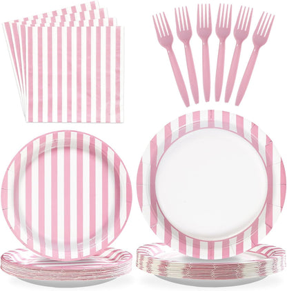 Greencian 96Pcs Pink and White Stripe Party Decorations, Serves 24