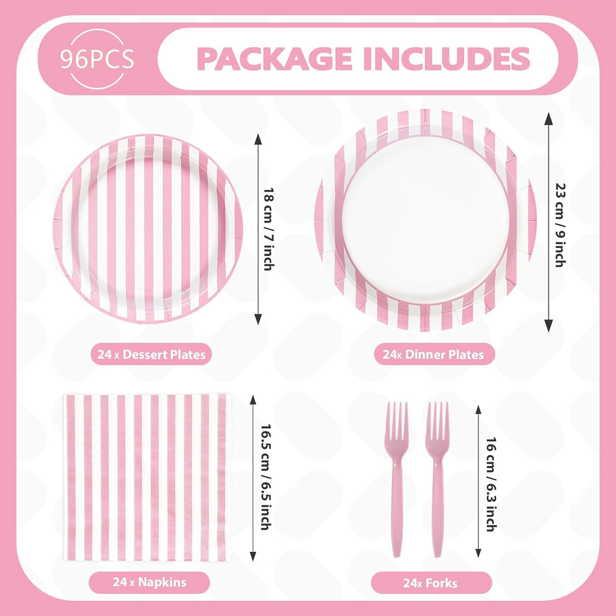 Greencian 96Pcs Pink and White Stripe Party Decorations, Serves 24