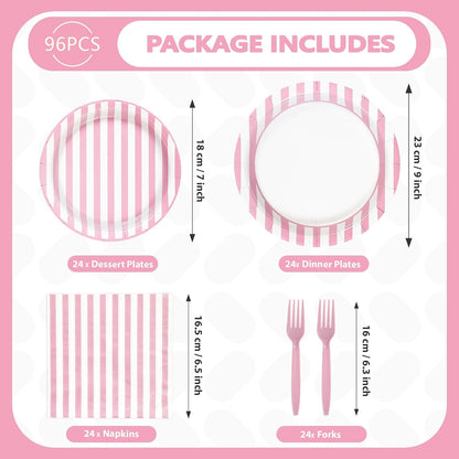 Greencian 96Pcs Pink and White Stripe Party Decorations, Serves 24