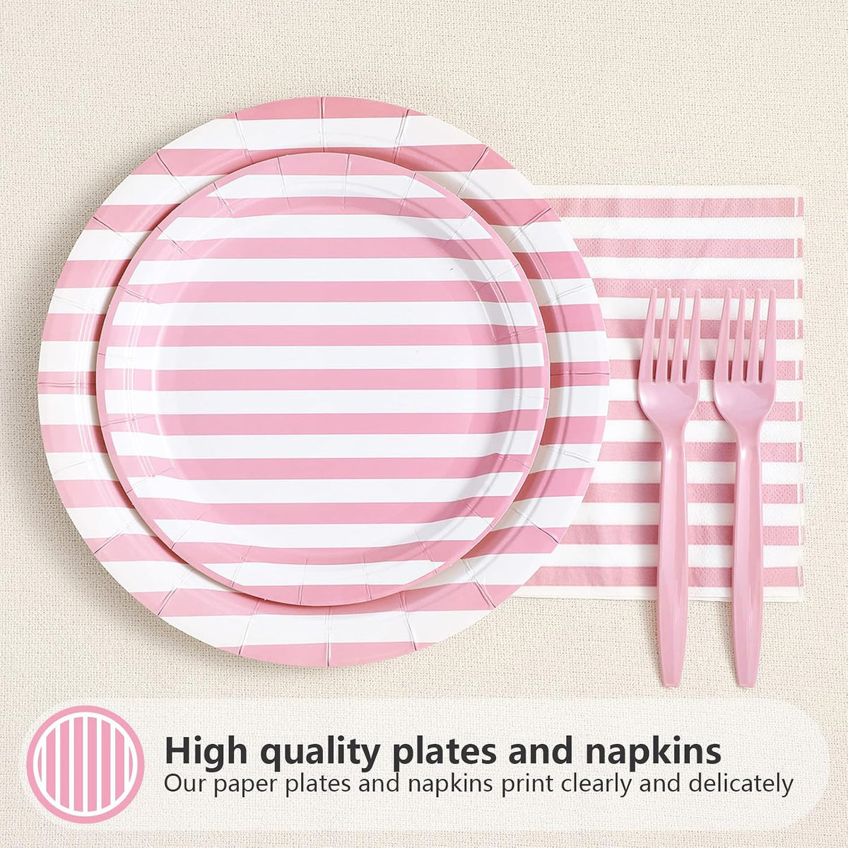 Greencian 96Pcs Pink and White Stripe Party Decorations, Serves 24
