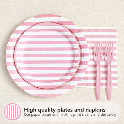 Greencian 96Pcs Pink and White Stripe Party Decorations, Serves 24