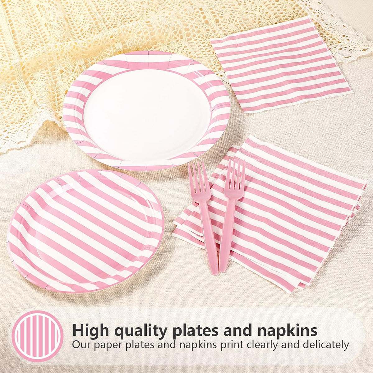 Greencian 96Pcs Pink and White Stripe Party Decorations, Serves 24