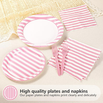 Greencian 96Pcs Pink and White Stripe Party Decorations, Serves 24