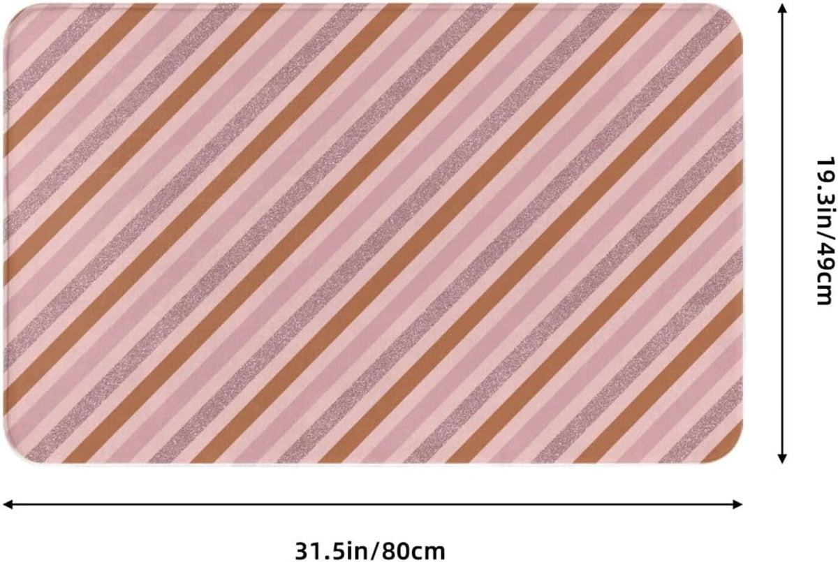 Pink Diagonal Stripe Print Bathroom Rugs 30x20 Inches, Absorbent Non Slip Bath Mat Rugs, Machine Washable Shower Rug Bath Mats for Bathroom