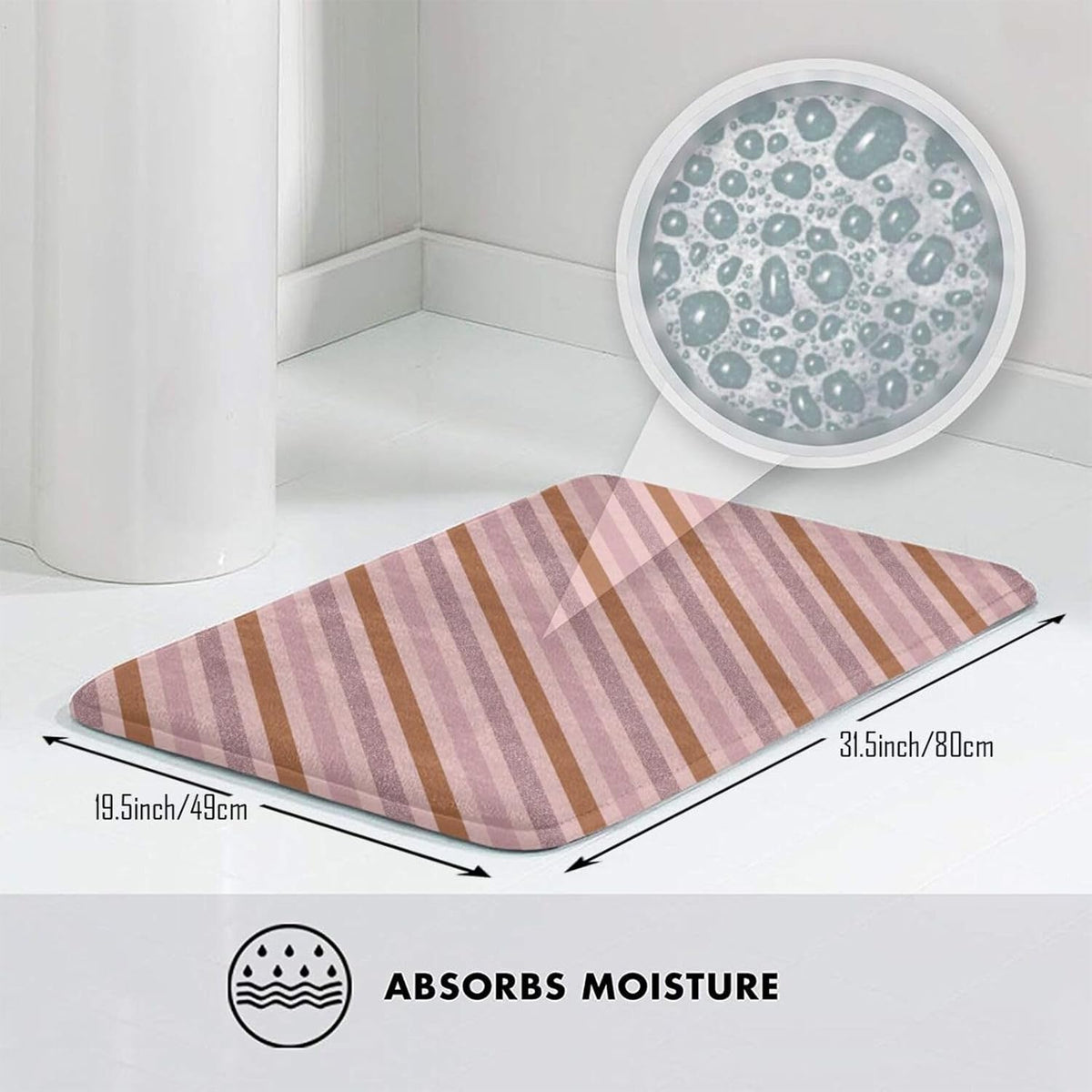 Pink Diagonal Stripe Print Bathroom Rugs 30x20 Inches, Absorbent Non Slip Bath Mat Rugs, Machine Washable Shower Rug Bath Mats for Bathroom