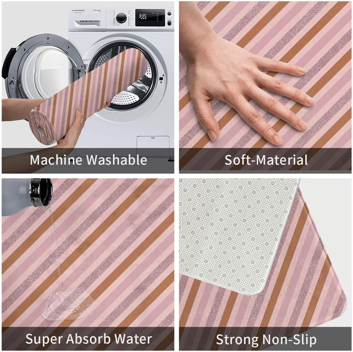Pink Diagonal Stripe Print Bathroom Rugs 30x20 Inches, Absorbent Non Slip Bath Mat Rugs, Machine Washable Shower Rug Bath Mats for Bathroom