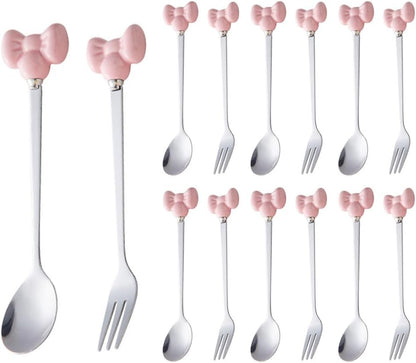 (14 Pieces) Cute Bow Stainless Steel Spoon and Fork Household Ceramic Handle Dessert (Pink)
