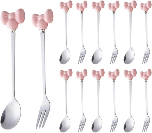 (14 Pieces) Cute Bow Stainless Steel Spoon and Fork Household Ceramic Handle Dessert (Pink)