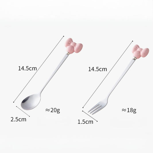(14 Pieces) Cute Bow Stainless Steel Spoon and Fork Household Ceramic Handle Dessert (Pink)