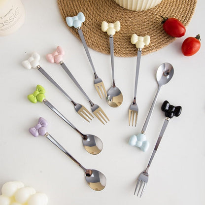 (14 Pieces) Cute Bow Stainless Steel Spoon and Fork Household Ceramic Handle Dessert (Pink)