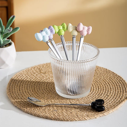 (14 Pieces) Cute Bow Stainless Steel Spoon and Fork Household Ceramic Handle Dessert (Pink)