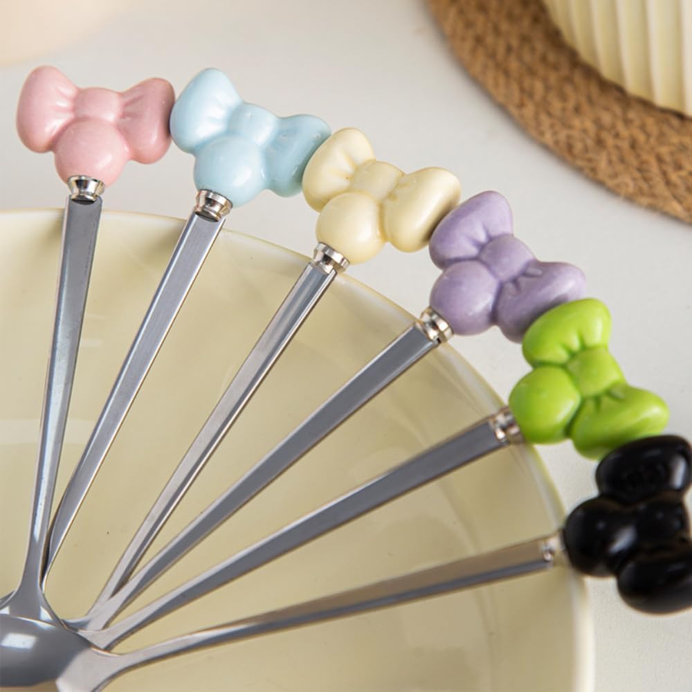 (14 Pieces) Cute Bow Stainless Steel Spoon and Fork Household Ceramic Handle Dessert (Pink)
