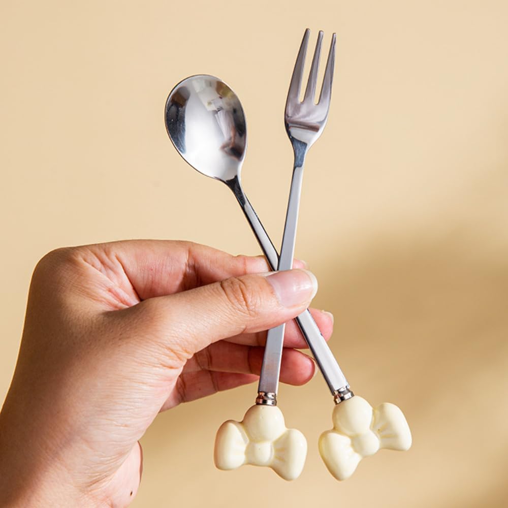 (14 Pieces) Cute Bow Stainless Steel Spoon and Fork Household Ceramic Handle Dessert (Pink)