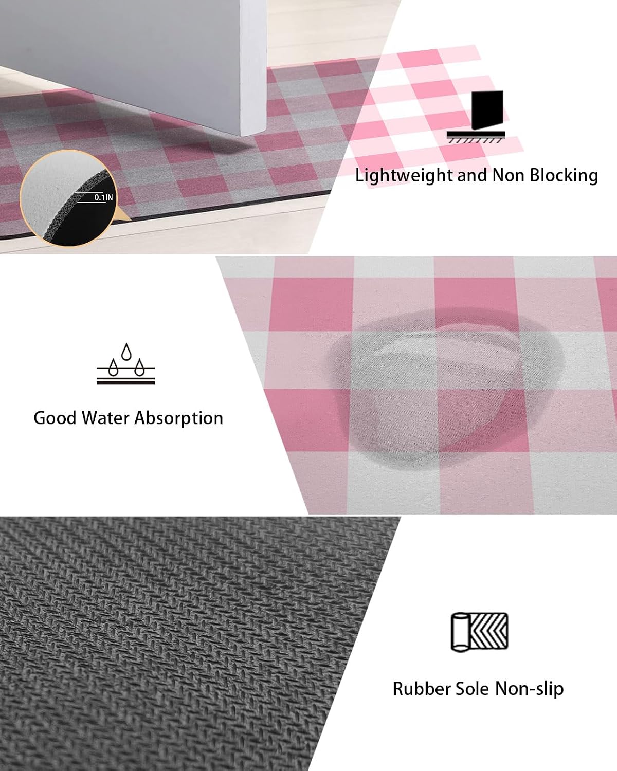 Pink Gradient Buffalo Check Bath Rug Diatomite Shower Mat, Absorbent Bath Mat Non Slip Quick Dry Bathroom Rugs for Shower Bathtub Sink Kitchen Modern Geometric Grid