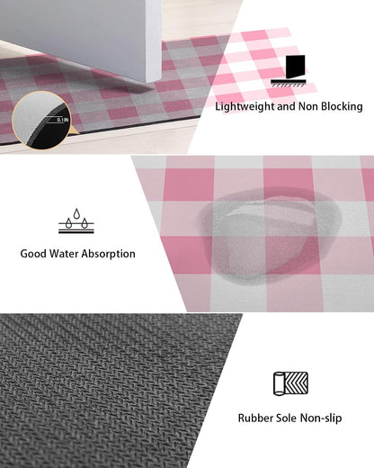 Pink Gradient Buffalo Check Bath Rug Diatomite Shower Mat, Absorbent Bath Mat Non Slip Quick Dry Bathroom Rugs for Shower Bathtub Sink Kitchen Modern Geometric Grid