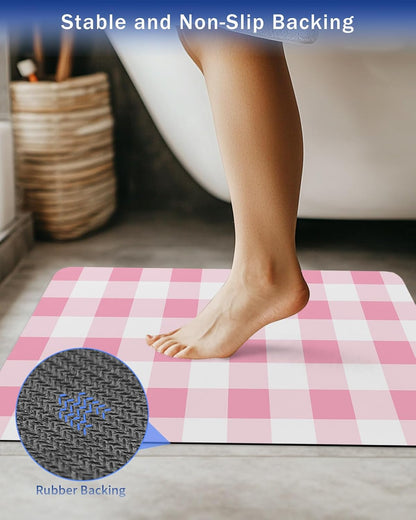 Pink Gradient Buffalo Check Bath Rug Diatomite Shower Mat, Absorbent Bath Mat Non Slip Quick Dry Bathroom Rugs for Shower Bathtub Sink Kitchen Modern Geometric Grid