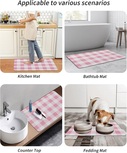 Pink Gradient Buffalo Check Bath Rug Diatomite Shower Mat, Absorbent Bath Mat Non Slip Quick Dry Bathroom Rugs for Shower Bathtub Sink Kitchen Modern Geometric Grid