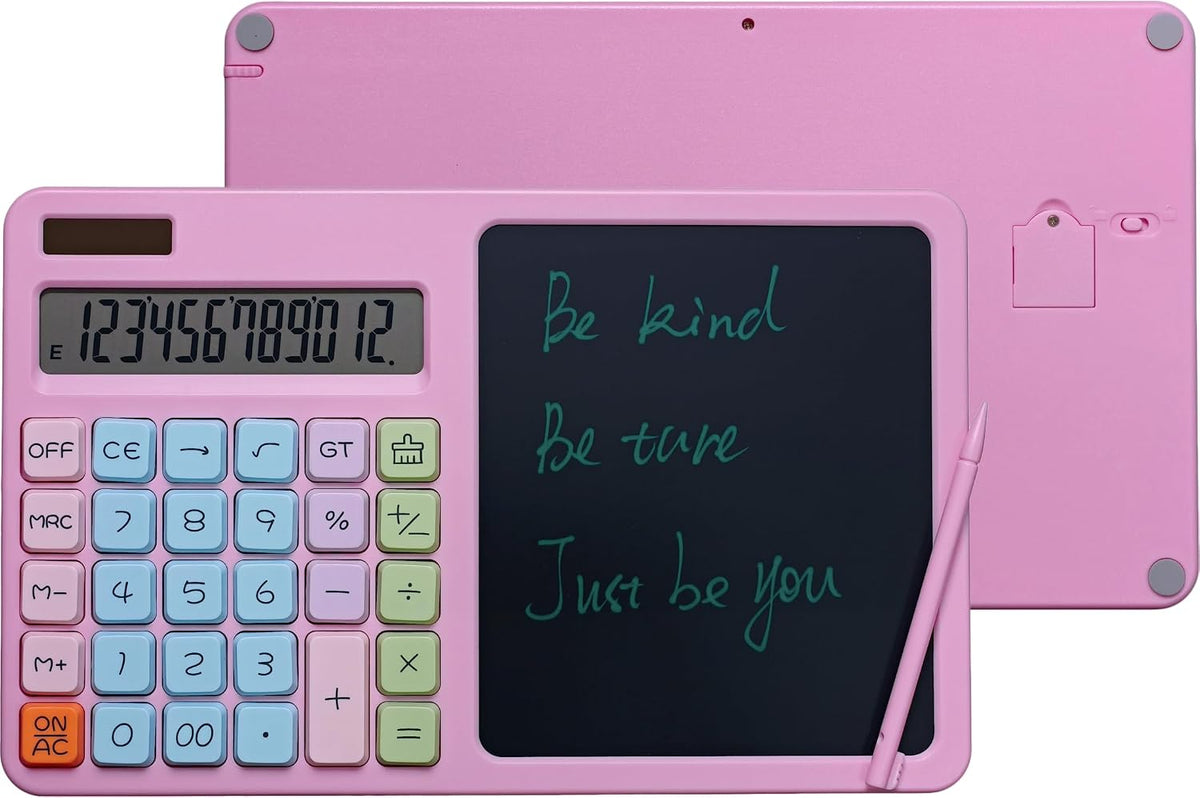 Desktop Basic Calculator with Notepad Large Buttons and Solar & Battery Dual Power, 12-Digit Display, 7.4'' Erasable LCD Writing Pad for Office & Home Use, Pink