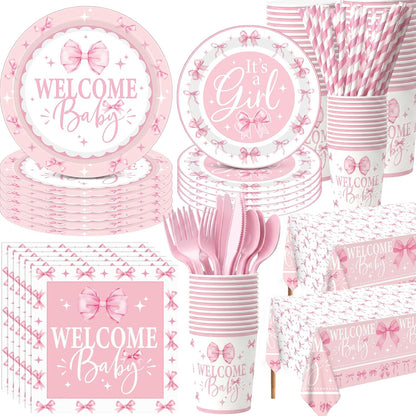 452 Pcs 50 Guests Pink Bow Baby Shower Decoration Girl, Pink Bow Welcome Baby Shower Plate Napkin Cup Tablecloth Cutlery Straw It's a Girl Disposable Tableware for Gender Reveal Party Supply