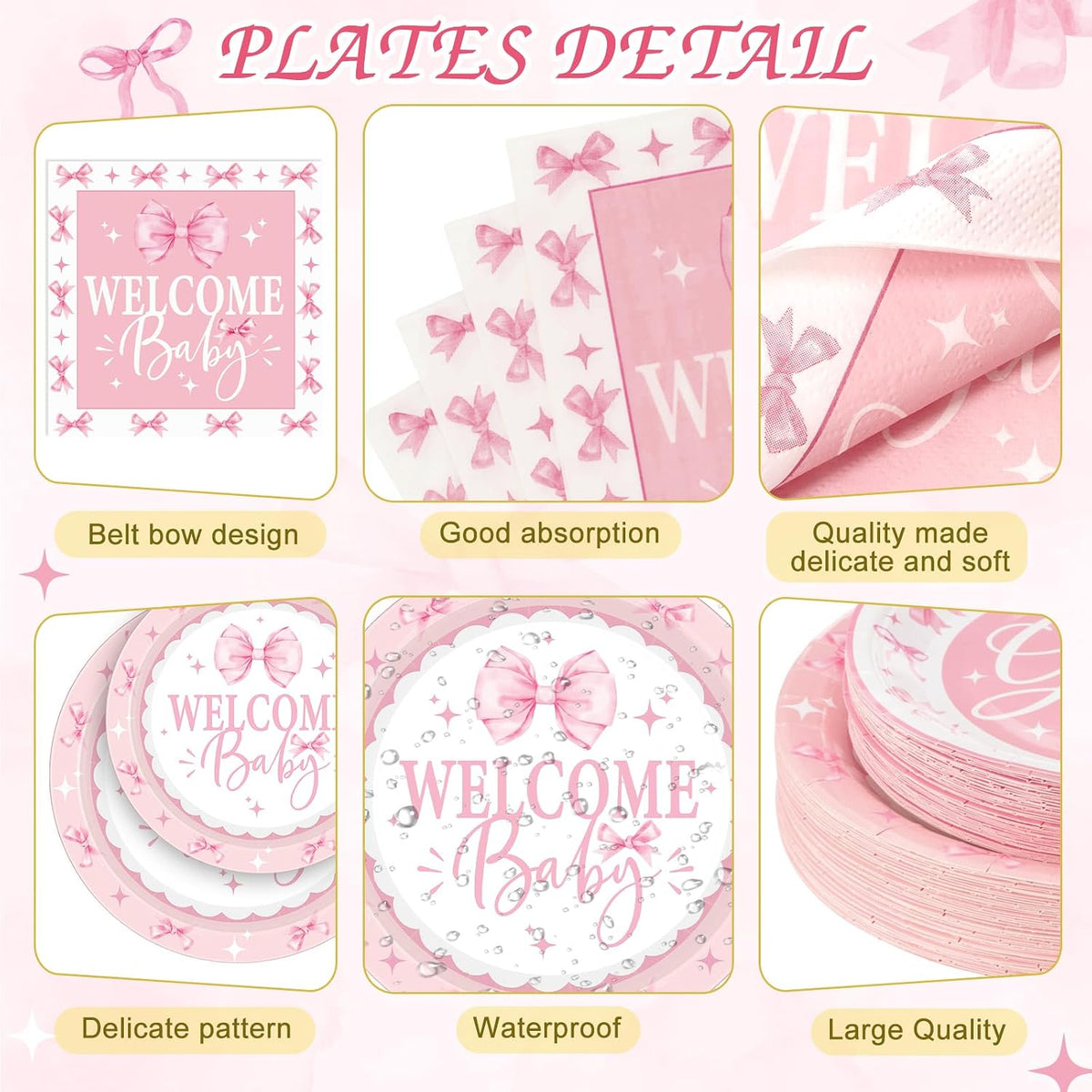 452 Pcs 50 Guests Pink Bow Baby Shower Decoration Girl, Pink Bow Welcome Baby Shower Plate Napkin Cup Tablecloth Cutlery Straw It's a Girl Disposable Tableware for Gender Reveal Party Supply
