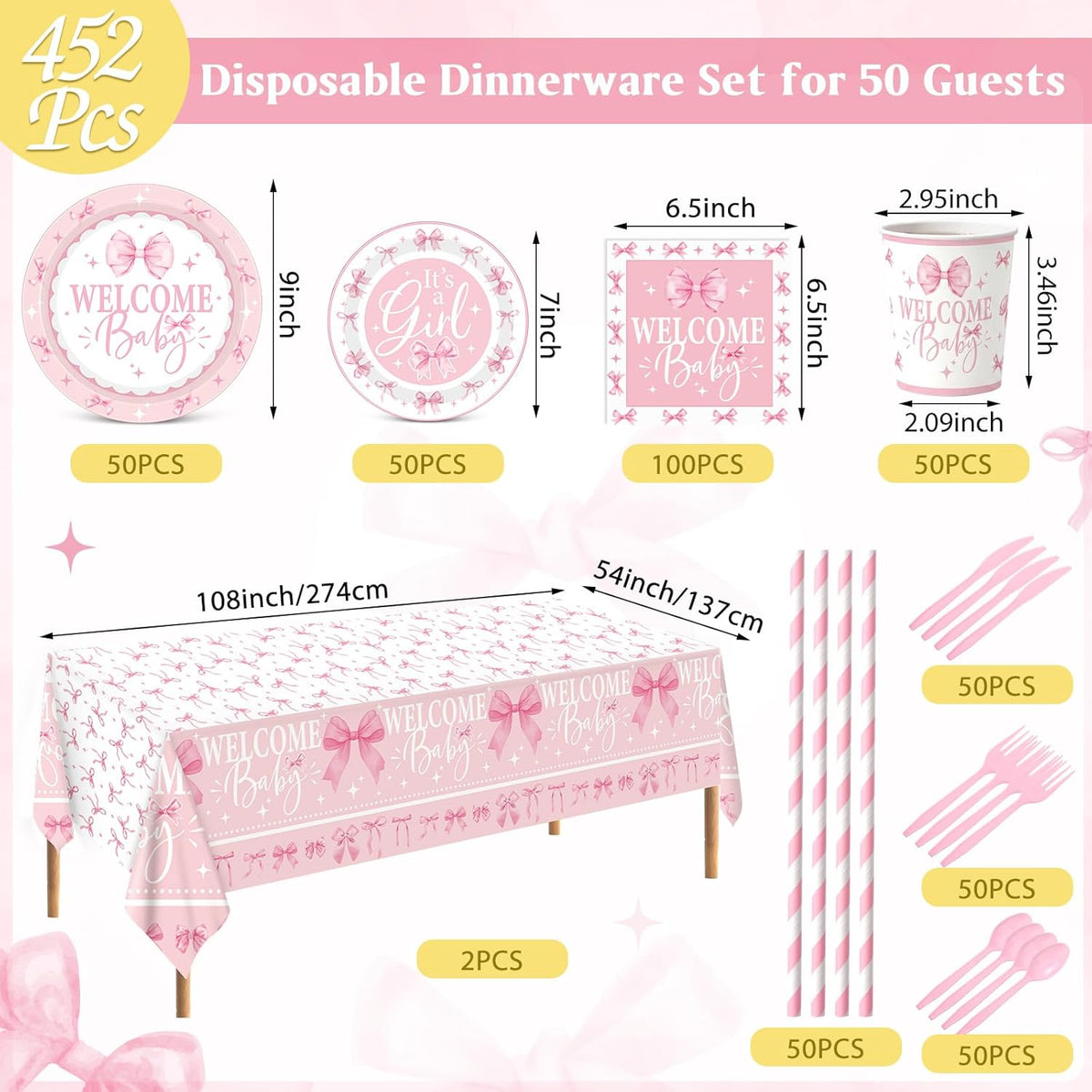 452 Pcs 50 Guests Pink Bow Baby Shower Decoration Girl, Pink Bow Welcome Baby Shower Plate Napkin Cup Tablecloth Cutlery Straw It's a Girl Disposable Tableware for Gender Reveal Party Supply