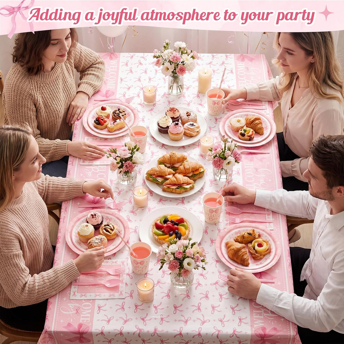 452 Pcs 50 Guests Pink Bow Baby Shower Decoration Girl, Pink Bow Welcome Baby Shower Plate Napkin Cup Tablecloth Cutlery Straw It's a Girl Disposable Tableware for Gender Reveal Party Supply