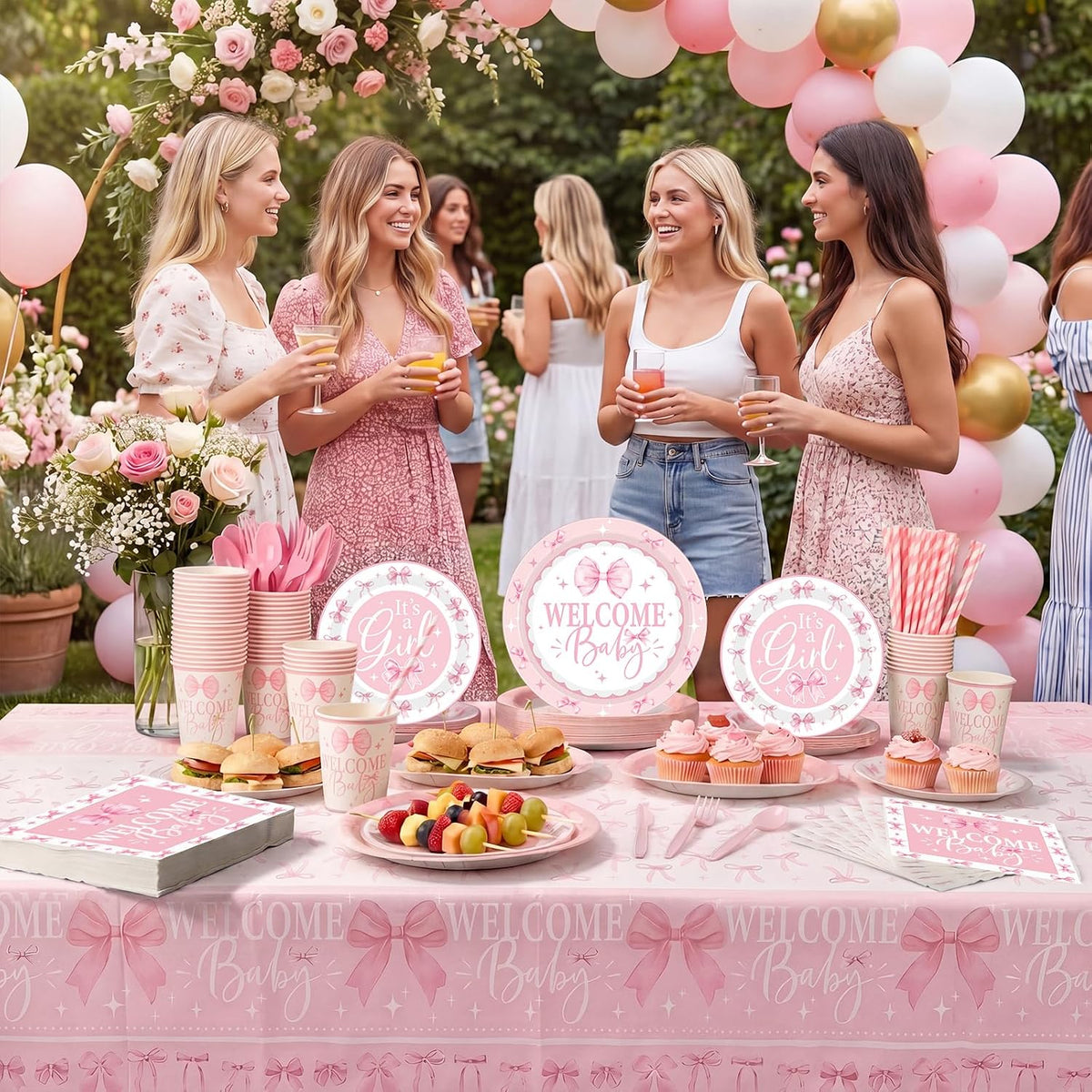 452 Pcs 50 Guests Pink Bow Baby Shower Decoration Girl, Pink Bow Welcome Baby Shower Plate Napkin Cup Tablecloth Cutlery Straw It's a Girl Disposable Tableware for Gender Reveal Party Supply