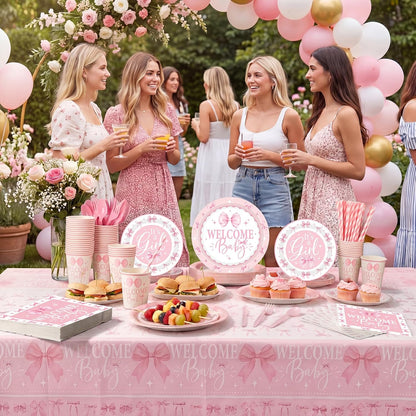 452 Pcs 50 Guests Pink Bow Baby Shower Decoration Girl, Pink Bow Welcome Baby Shower Plate Napkin Cup Tablecloth Cutlery Straw It's a Girl Disposable Tableware for Gender Reveal Party Supply