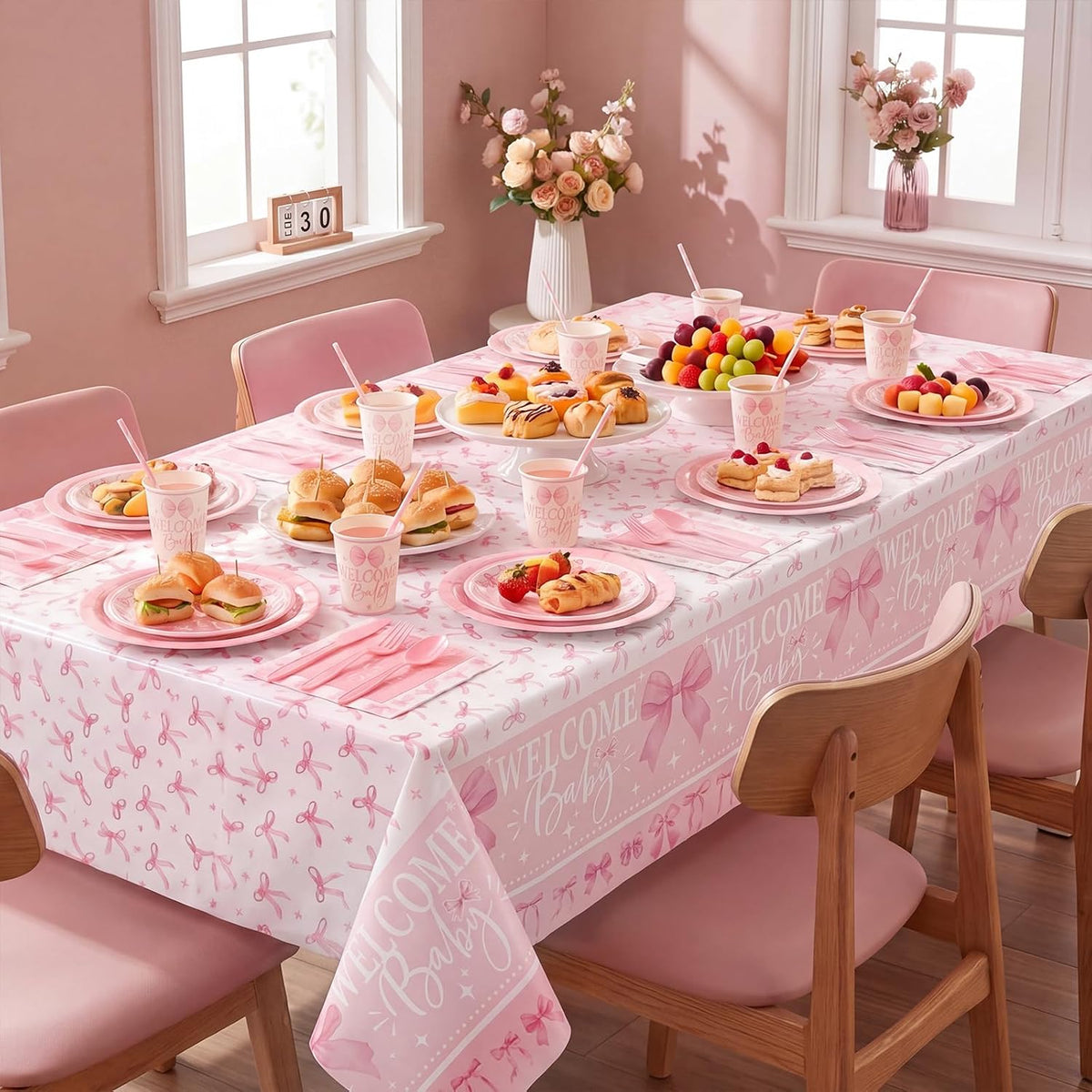 452 Pcs 50 Guests Pink Bow Baby Shower Decoration Girl, Pink Bow Welcome Baby Shower Plate Napkin Cup Tablecloth Cutlery Straw It's a Girl Disposable Tableware for Gender Reveal Party Supply