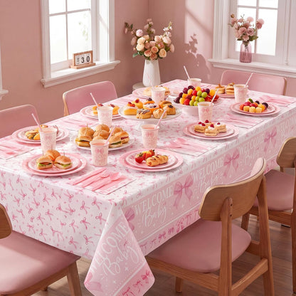 452 Pcs 50 Guests Pink Bow Baby Shower Decoration Girl, Pink Bow Welcome Baby Shower Plate Napkin Cup Tablecloth Cutlery Straw It's a Girl Disposable Tableware for Gender Reveal Party Supply