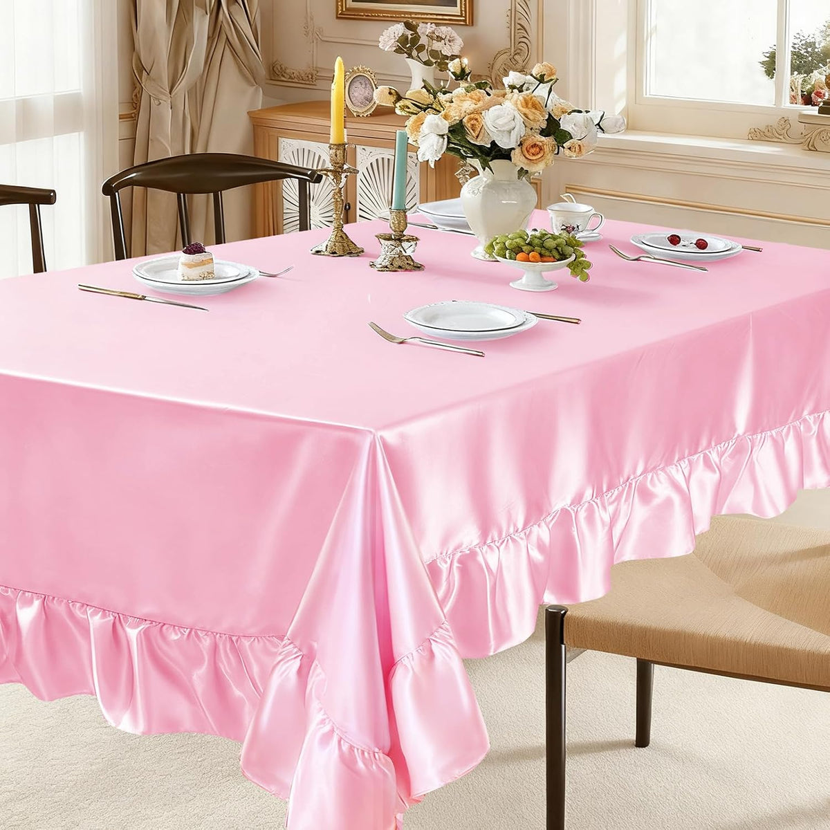 1 Pack Pink Ruffle Tablecloth 60" x 102"