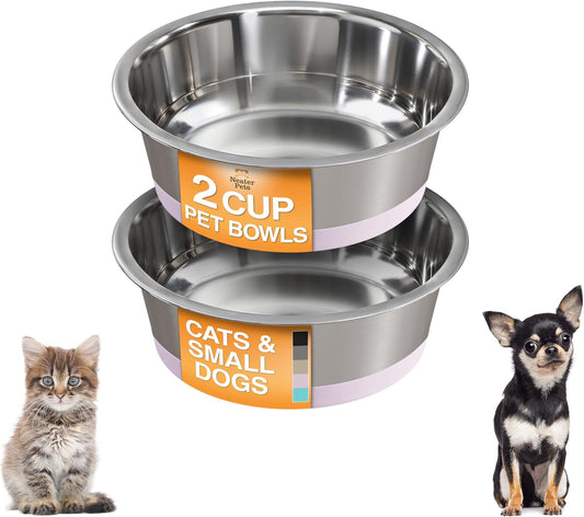 Stainless Steel Dog Bowls with Non-Slip Rubber Bottom – 2 Cup (16 oz), Pink - Set of 2 Heavy Duty Metal Dog Bowls, Dishwasher Safe, Food or Water Bowl, Ideal for Small Dogs & Cats