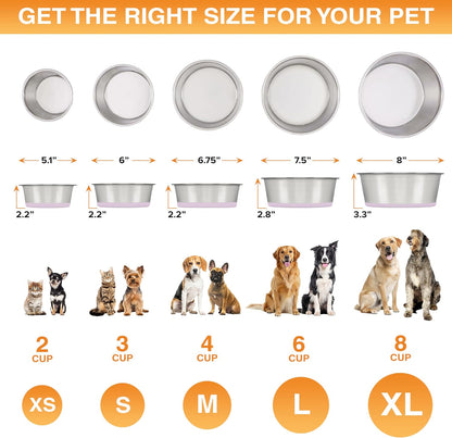 Stainless Steel Dog Bowls with Non-Slip Rubber Bottom – 2 Cup (16 oz), Pink - Set of 2 Heavy Duty Metal Dog Bowls, Dishwasher Safe, Food or Water Bowl, Ideal for Small Dogs & Cats