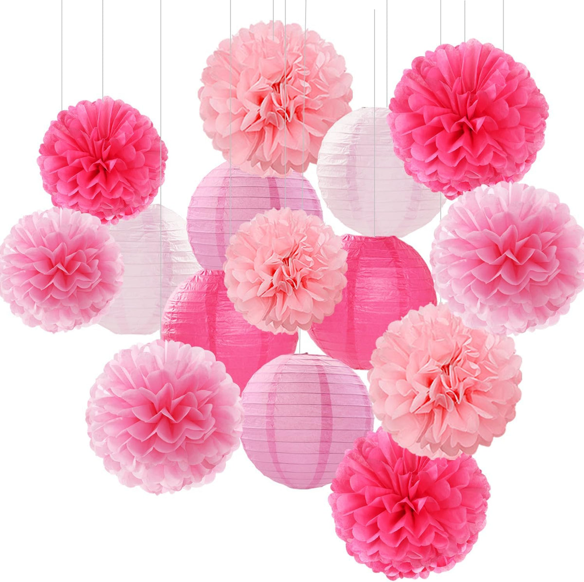 Light-Hot Pink Party-Decorations Paper-Flowers Lanterns - 15pcs Graduation Girl Birthday Decor Tissue Pom Poms Streamers, Bridal Baby Shower Wedding Bachelorette Valentine Hanging Supplies